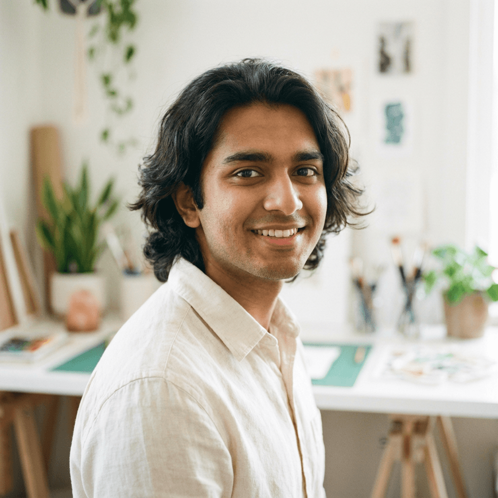 Indian male marketing professional in his early 30s at a modern desk