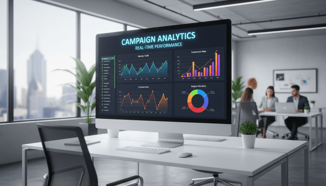 Analytics dashboard on a computer screen in a modern office