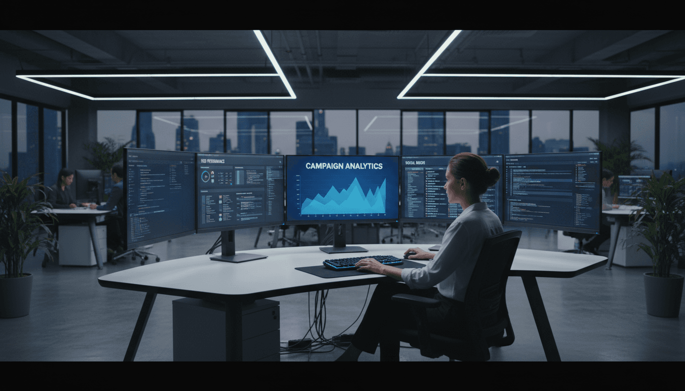 professional analyzing campaign data on multiple computer screens in a modern office