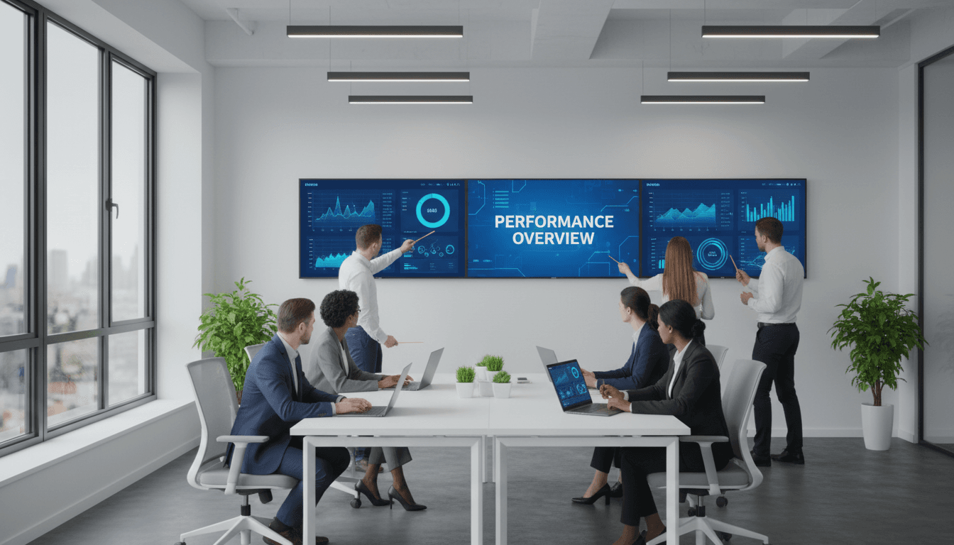 Professional marketing team analyzing data on monitors