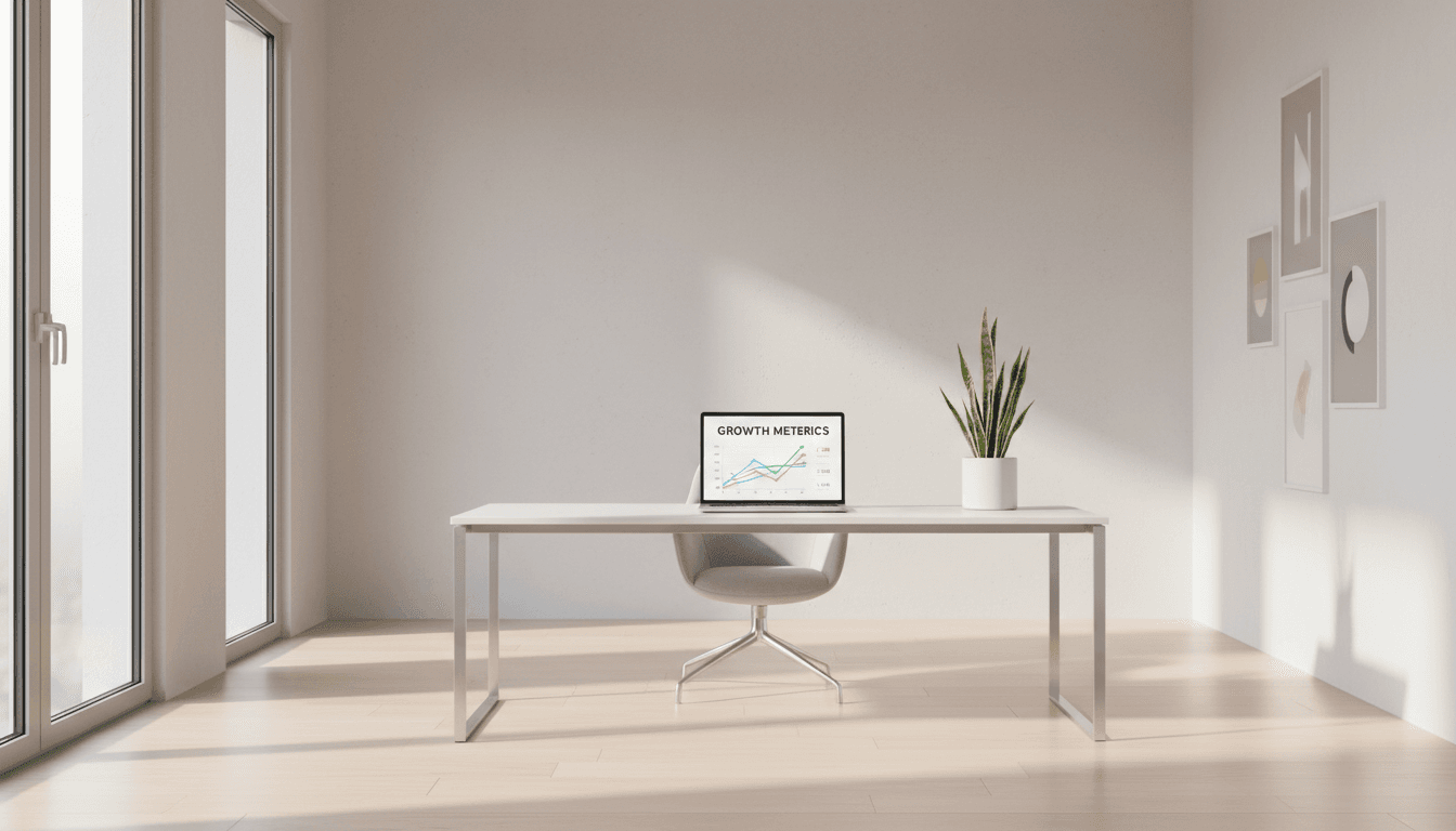 Bright and minimal office space with a laptop showing analytics