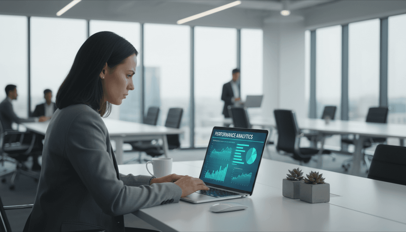 Professional workspace with laptop displaying marketing analytics
