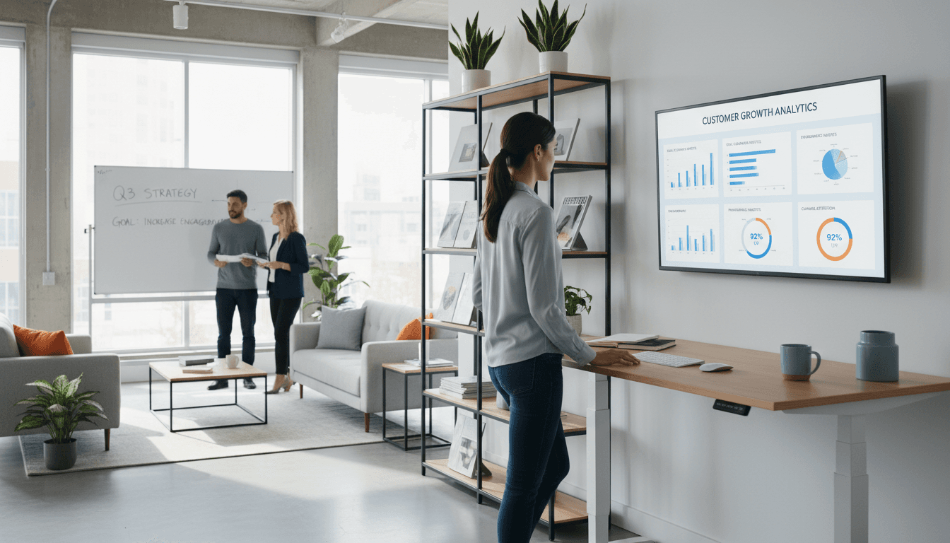 Marketing team reviewing campaign analytics on monitors in bright modern office