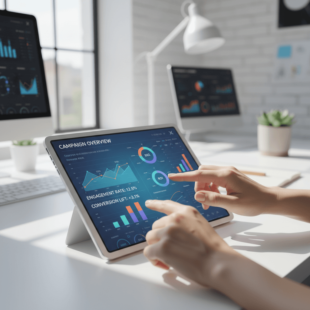 Marketing professional analyzing data on a computer screen in a modern office