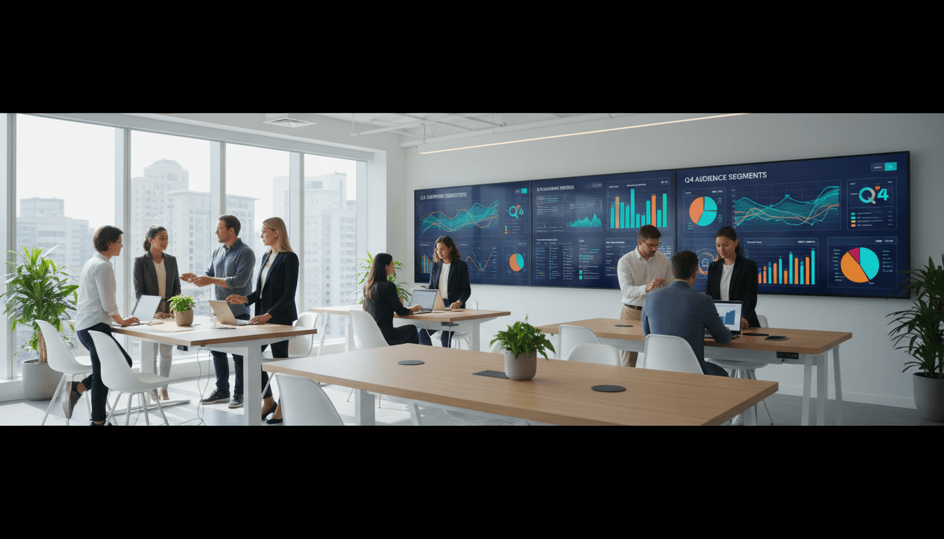 marketing team reviewing data on a digital dashboard in a modern office