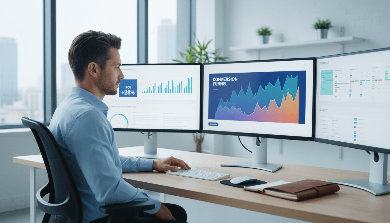 marketer analyzing campaign data on computer screens